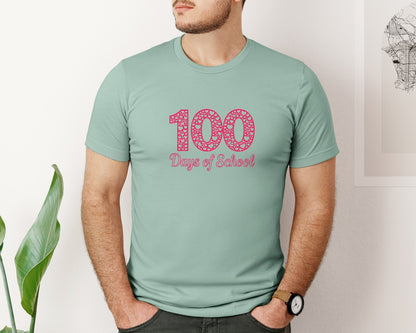 brand:Bella Canvas|color:Dusty Blue|100 Days Of School Heart Pattern Graphic T-Shirt