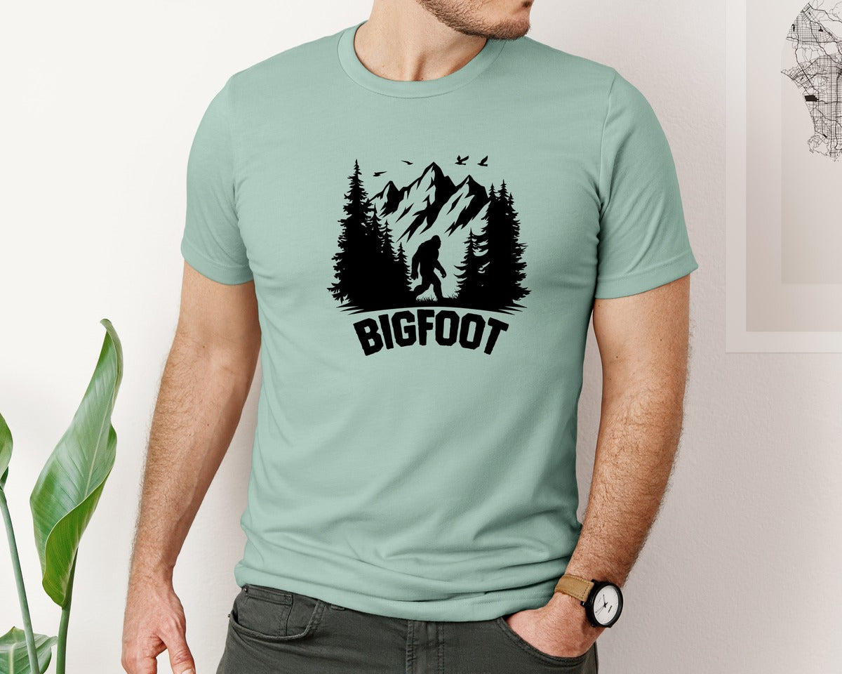 brand:Bella Canvas|color:Dusty Blue|Retro Bigfoot Silhouette Pixel Art Graphic T-Shirt