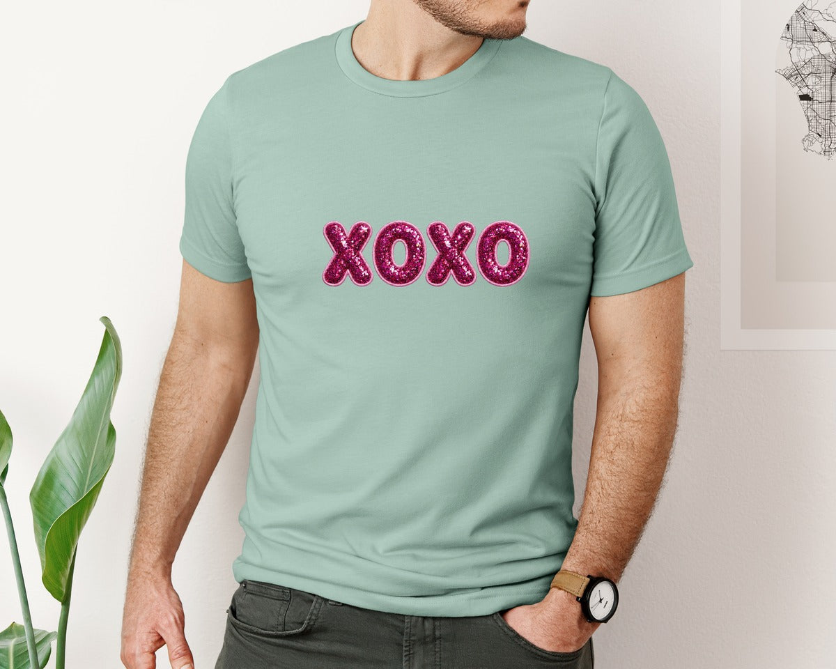 brand:Bella Canvas|color:Dusty Blue|Faux Embroidery Pink Xoxo 3 Graphic T-Shirt