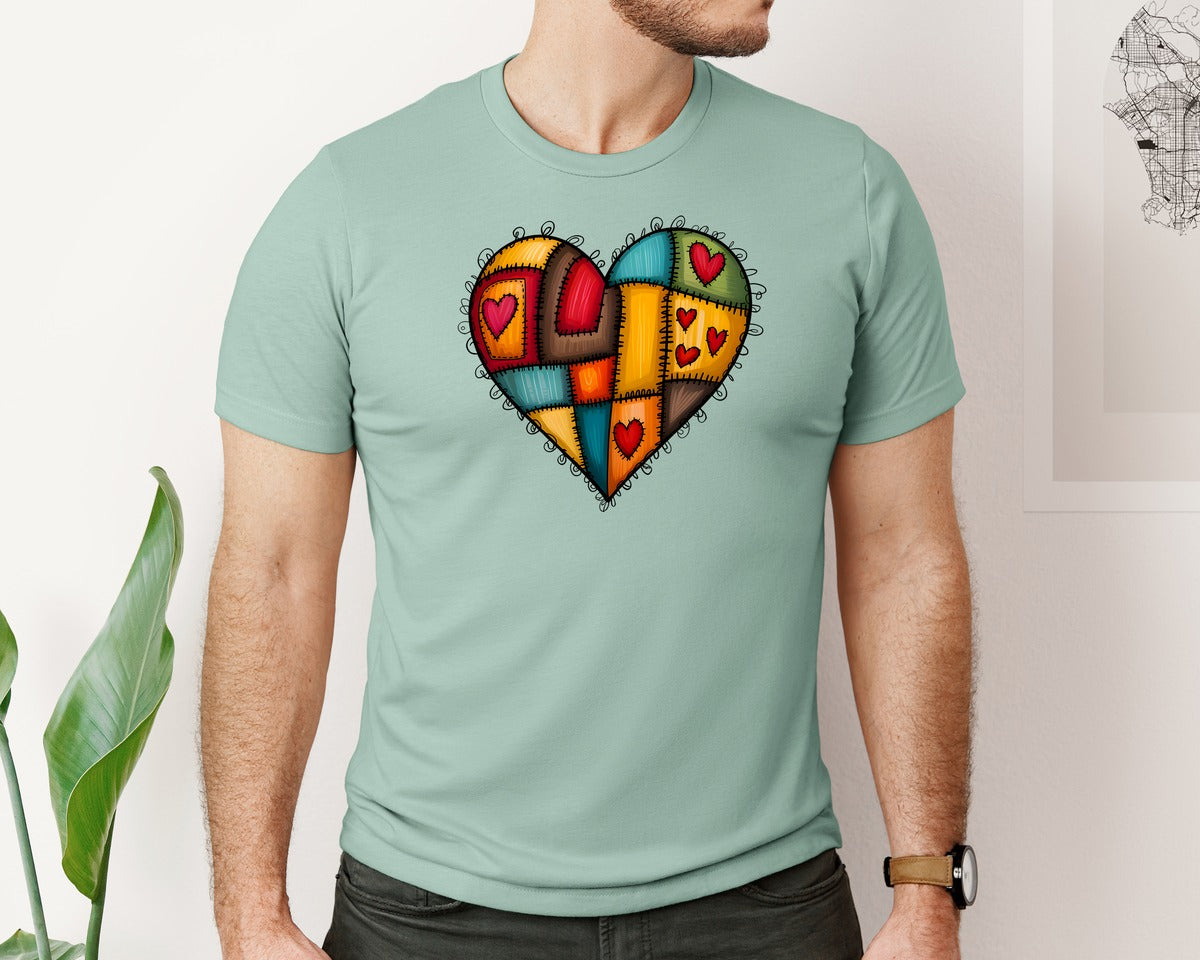 brand:Bella Canvas|color:Dusty Blue|Patchwork Heart Valentine Graphic T-Shirt