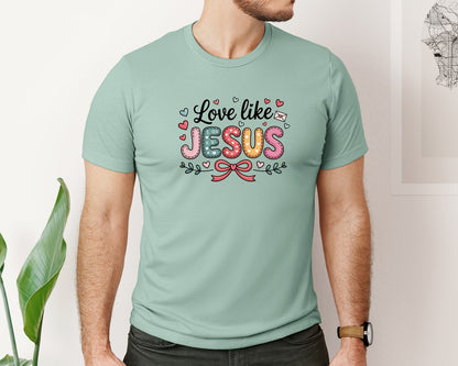 brand:Bella Canvas|color:Dusty Blue|Love Like Jesus Religious Christian Graphic T-Shirt
