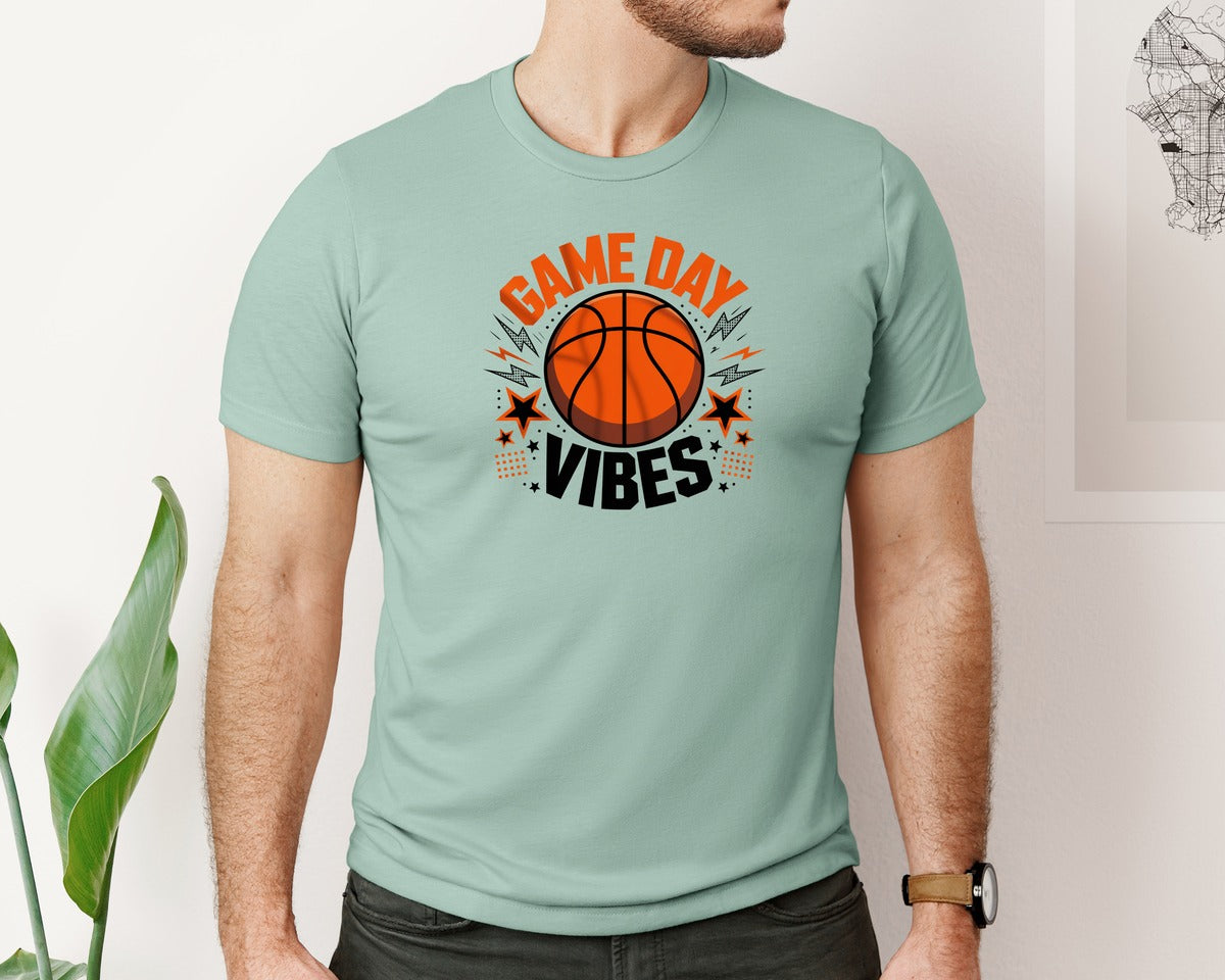 brand:Bella Canvas|color:Dusty Blue|Basketball Game Day Vibes Basketball Graphic T-Shirt
