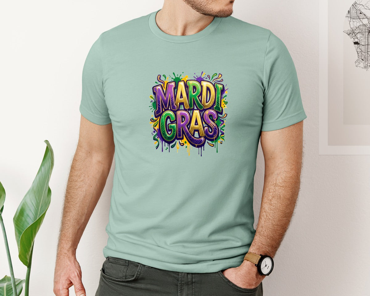 brand:Bella Canvas|color:Dusty Blue|Faux Yarn Mardi Gras Latch Hook Graphic T-Shirt