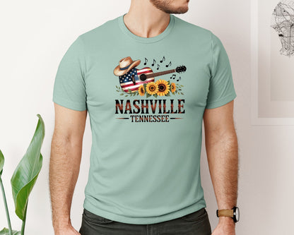 brand:Bella Canvas|color:Dusty Blue|Nashville Tennessee Music Guitar Graphic T-Shirt