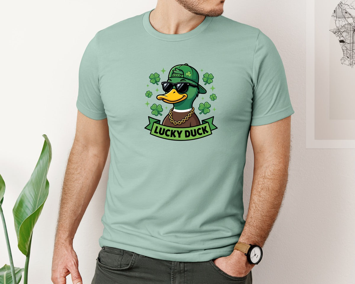 brand:Bella Canvas|color:Dusty Blue|Lucky Duck St Patricks Day Duck Graphic T-Shirt