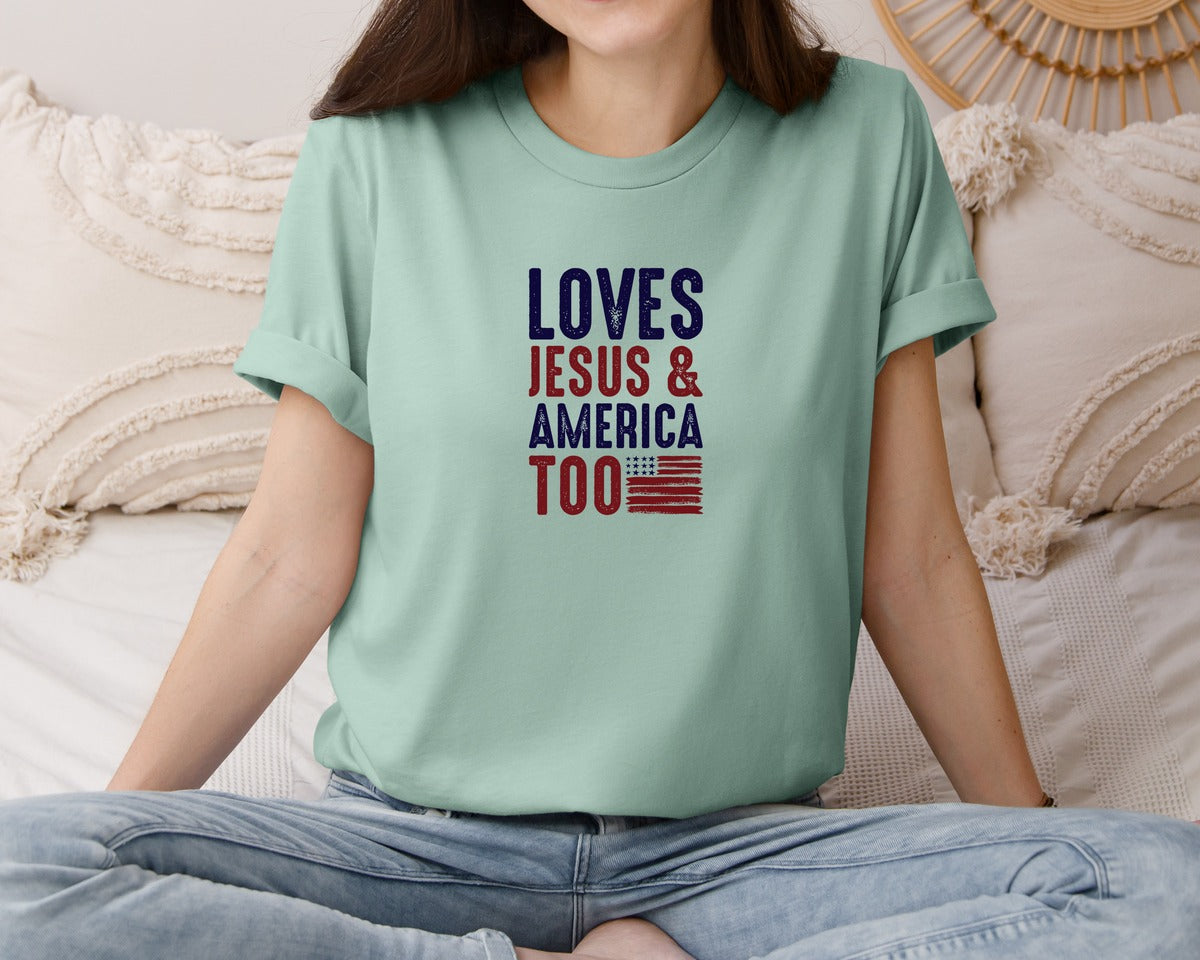 brand:Bella Canvas|color:Dusty Blue|Loves Jesus And America Too Jesus Graphic T-Shirt