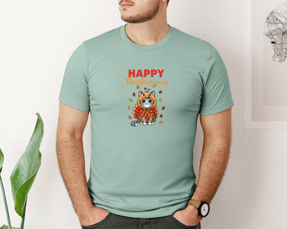 brand:Bella Canvas|color:Dusty Blue|Cat In Turkey Costume Happy Thanksgiving 2 Graphic T-Shirt