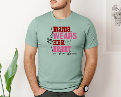 brand:Bella Canvas|color:Dusty Blue|This Mama Wears Her Heart On Her Sleeve 84 Graphic T-Shirt
