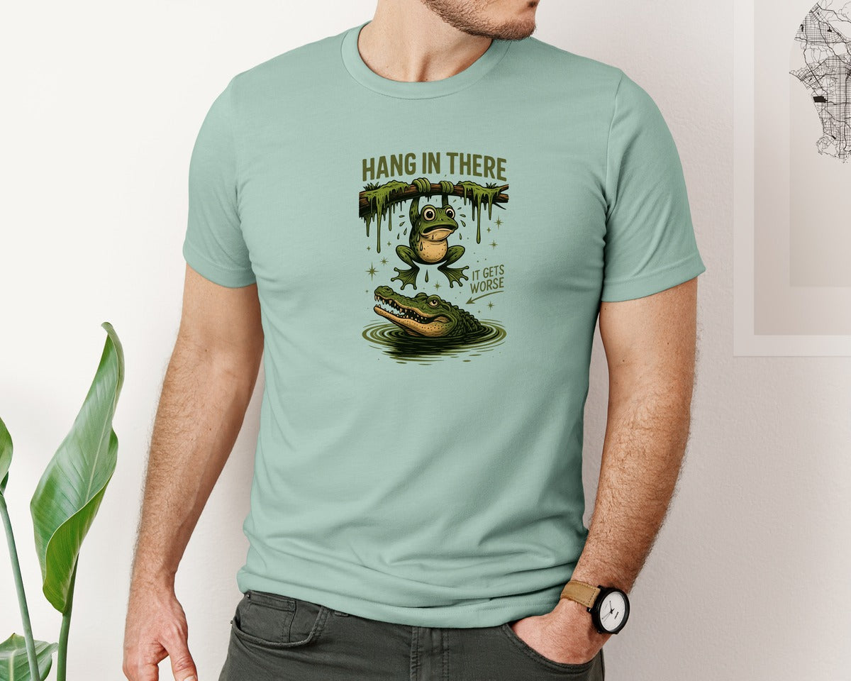 brand:Bella Canvas|color:Dusty Blue|Retro Humor Frog With Gator Joke Graphic T-Shirt