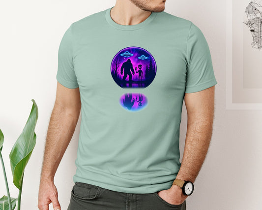 Bigfoot And Alien Ufo Neon Galaxy Graphic T-Shirt