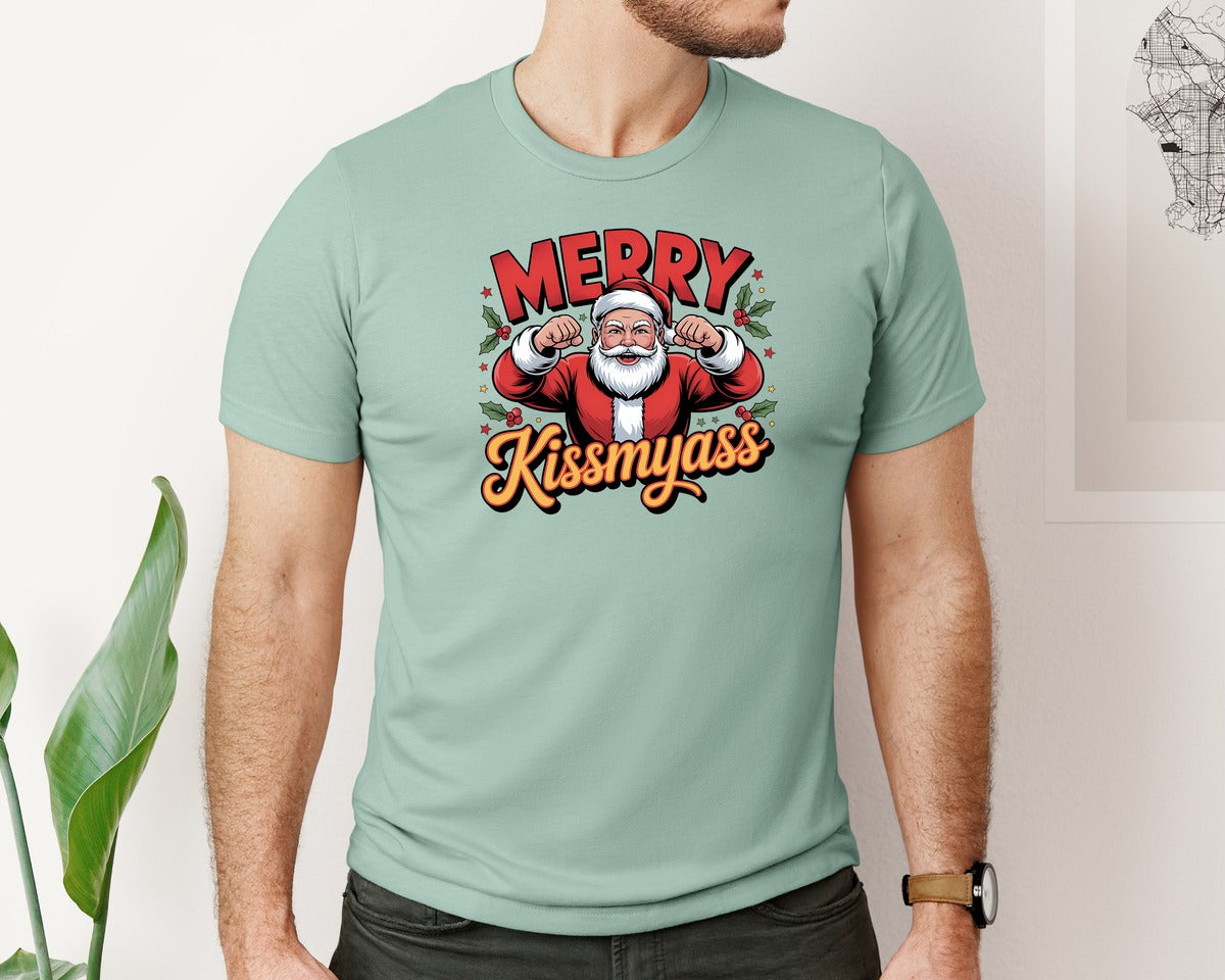brand:Bella Canvas|color:Dusty Blue|Sarcastic Santa Retro Xmas Graphic T-Shirt