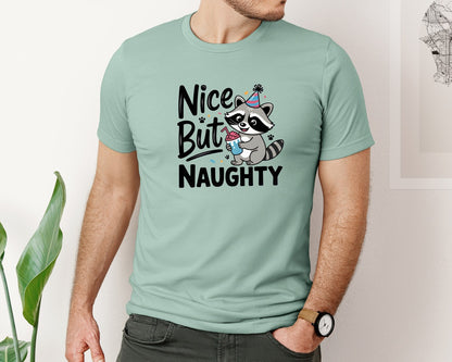 brand:Bella Canvas|color:Dusty Blue|Funny Raccoon Nice But Naughty Graphic T-Shirt