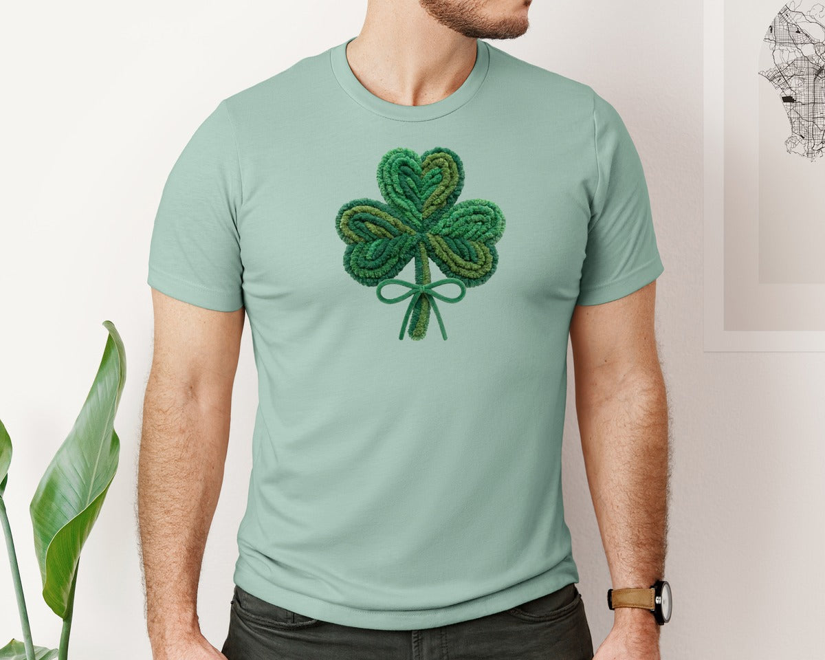 brand:Bella Canvas|color:Dusty Blue|Faux Yarn Style Shamrock Clover Graphic T-Shirt