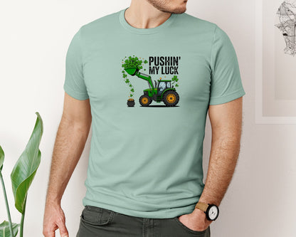 brand:Bella Canvas|color:Dusty Blue|Pushin My Luck Tractor Design 2 Graphic T-Shirt