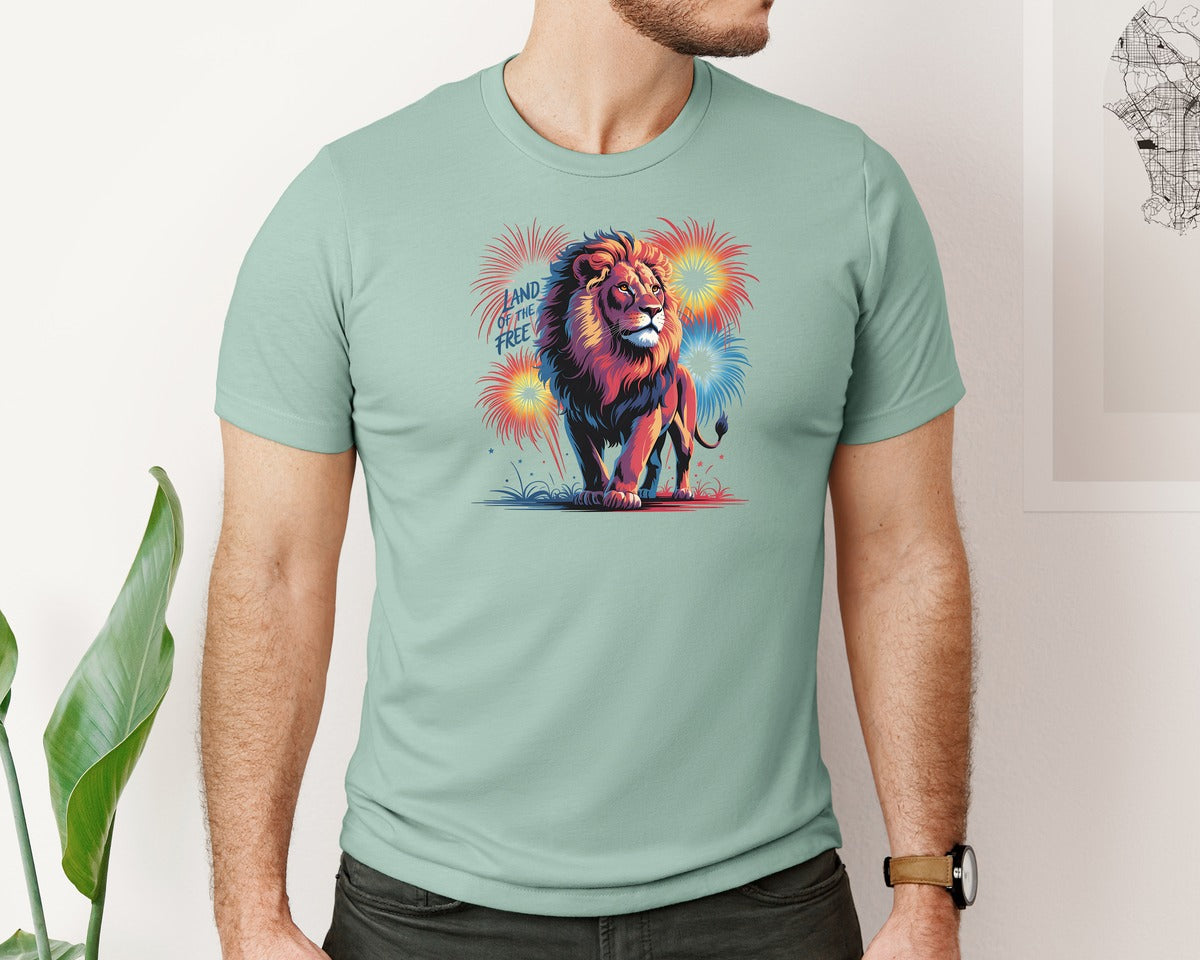 brand:Bella Canvas|color:Dusty Blue|Land Of The Free Lion Fireworks Graphic T-Shirt