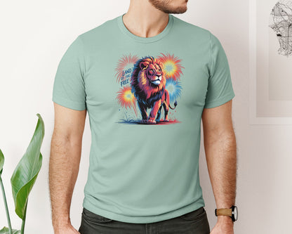 brand:Bella Canvas|color:Dusty Blue|Land Of The Free Lion Fireworks Graphic T-Shirt