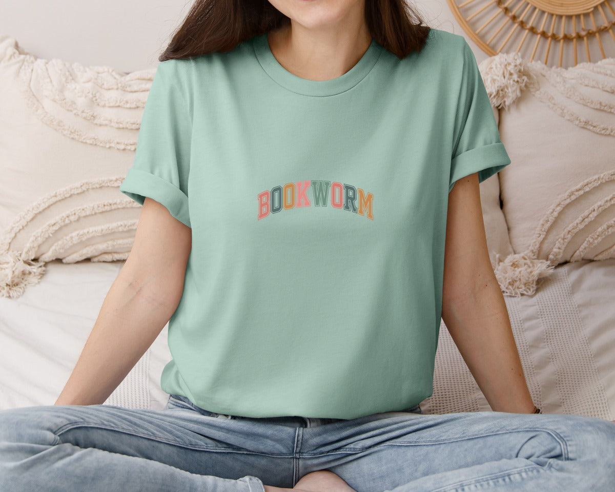 brand:Bella Canvas|color:Dusty Blue|Retro Bookworm Teacher Book Reading Graphic T-Shirt