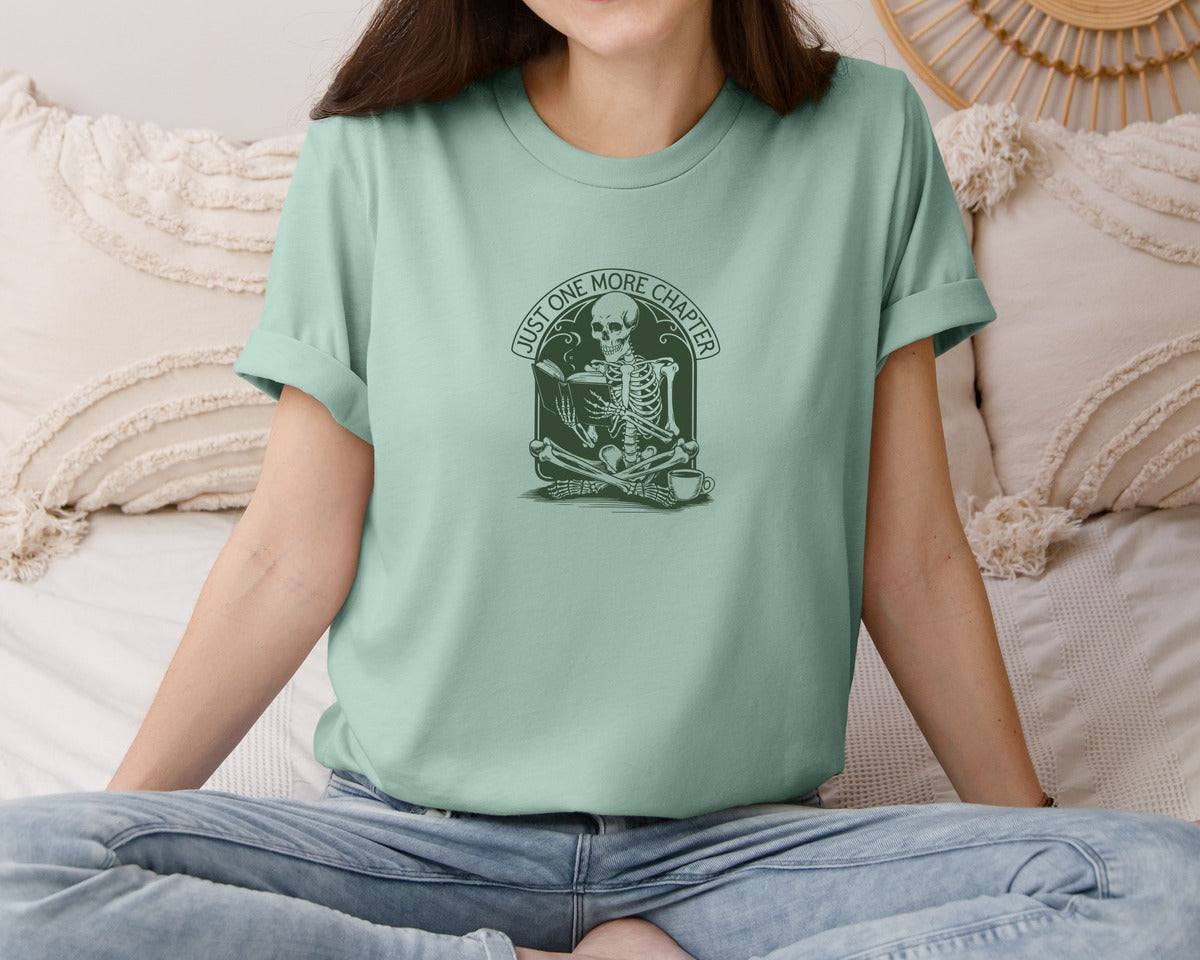 brand:Bella Canvas|color:Dusty Blue|Just One More Chapter Skeleton Coffee 2 Graphic T-Shirt