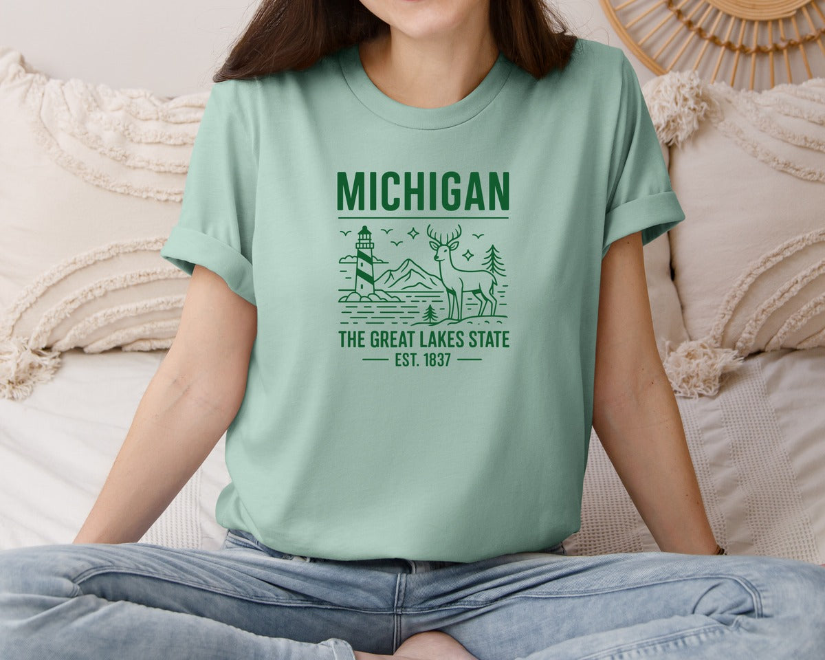 brand:Bella Canvas|color:Dusty Blue|Michigan The Great Lakes State 3 Graphic T-Shirt