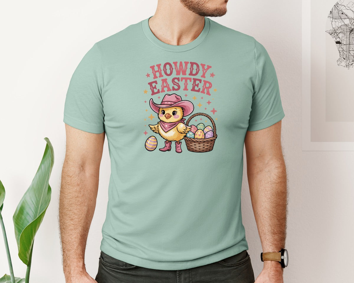 brand:Bella Canvas|color:Dusty Blue|Howdy Easter Western Bunny Graphic T-Shirt