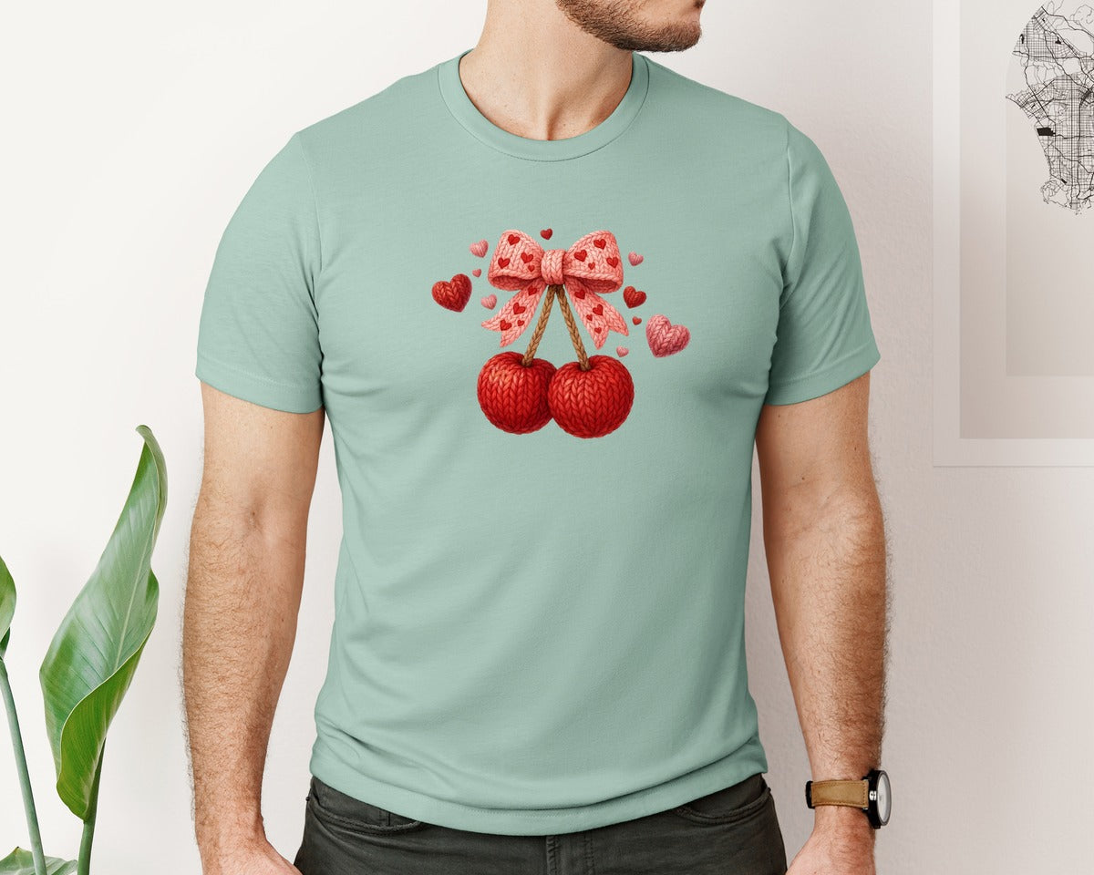brand:Bella Canvas|color:Dusty Blue|Valentine Cherry Bow Crochet Faux Yarn 4 Graphic T-Shirt
