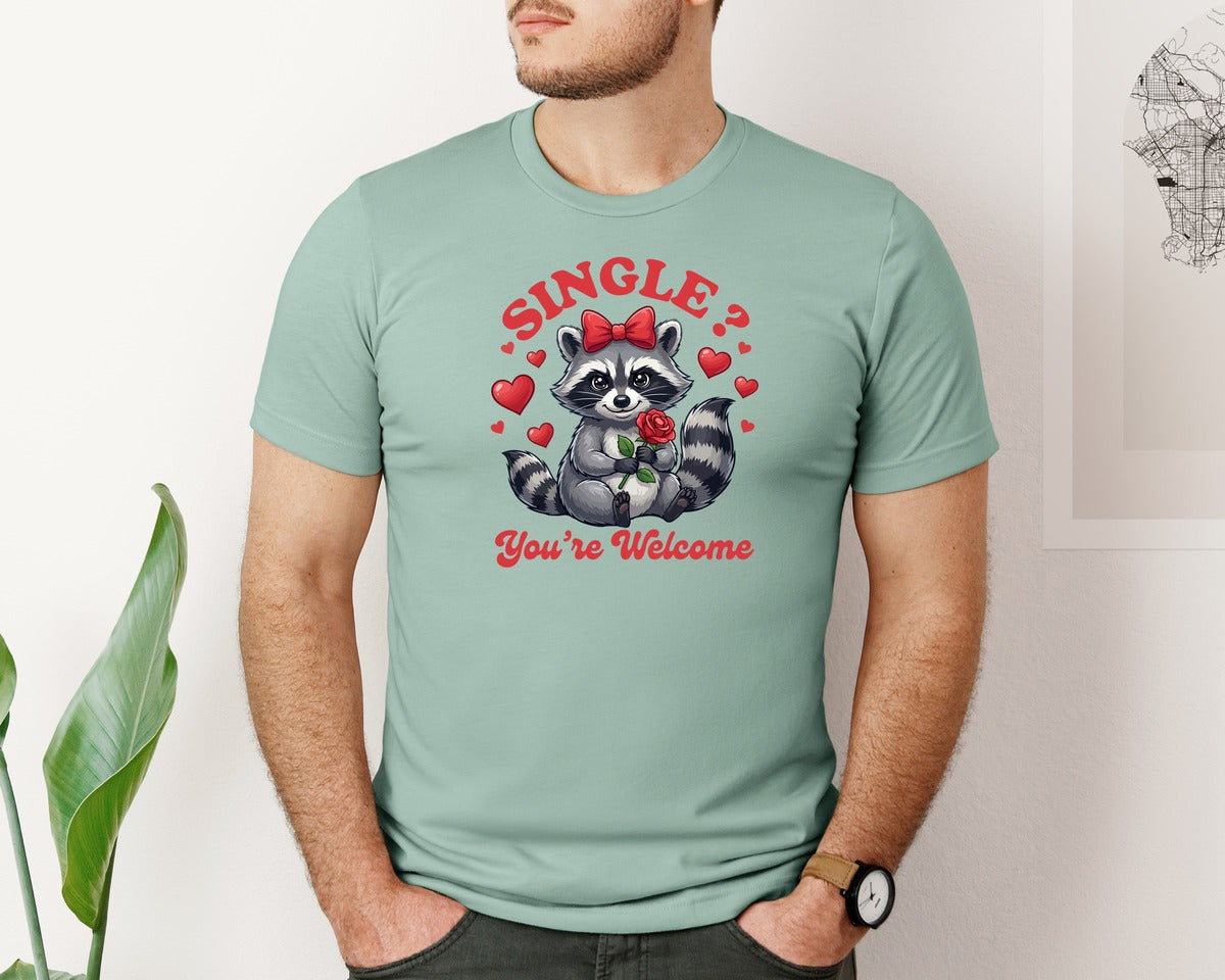 brand:Bella Canvas|color:Dusty Blue|Funny Single Raccoon Valentine Graphic T-Shirt