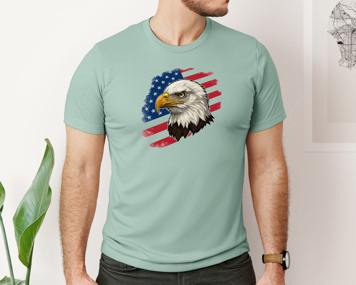 brand:Bella Canvas|color:Dusty Blue|American Eagle With Flag Patriotic Graphic T-Shirt