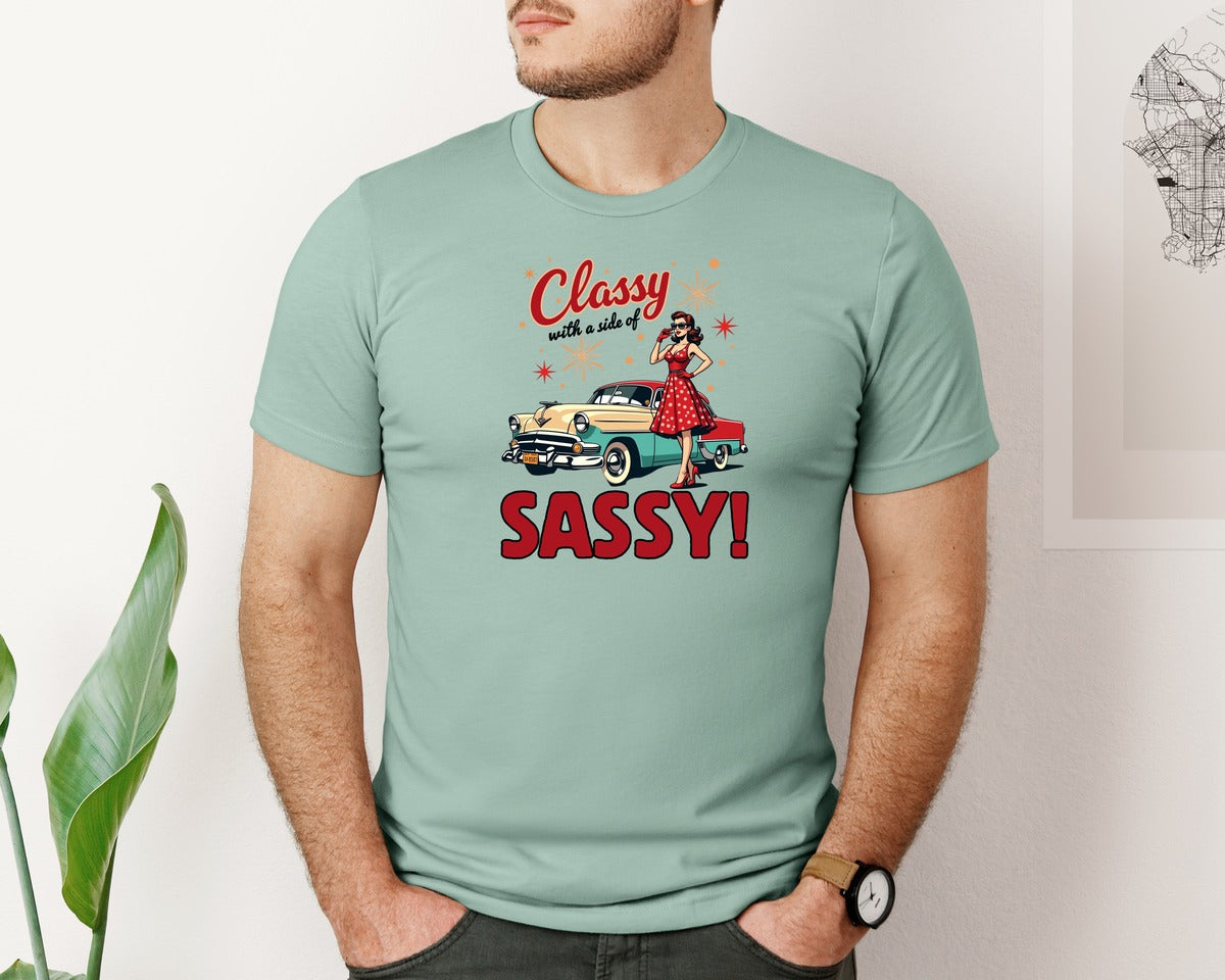 brand:Bella Canvas|color:Dusty Blue|Retro Girl Classic Car Sassy Quote Graphic T-Shirt