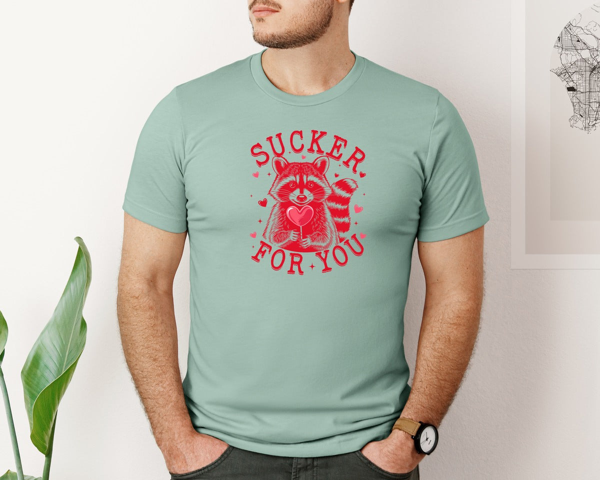 brand:Bella Canvas|color:Dusty Blue|Sucker For You Cute Raccoon Graphic T-Shirt