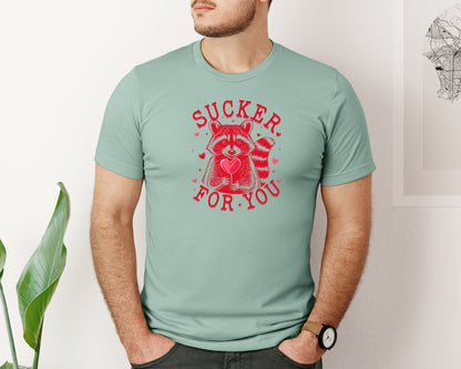 brand:Bella Canvas|color:Dusty Blue|Sucker For You Cute Raccoon Graphic T-Shirt
