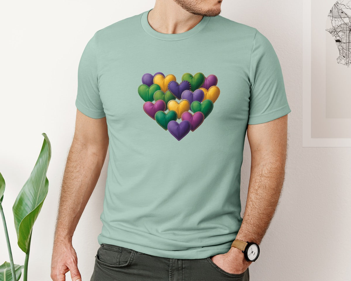 brand:Bella Canvas|color:Dusty Blue|Mardi Gras Heart Painted Carnival S 2 Graphic T-Shirt