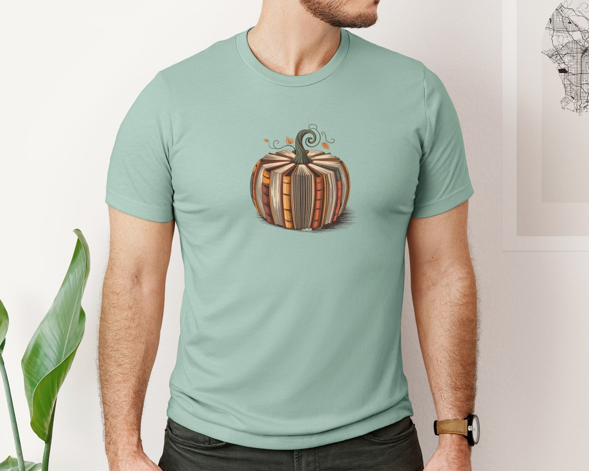brand:Bella Canvas|color:Dusty Blue|Fall Book Pumpkin Halloween Teacher 4 Graphic T-Shirt