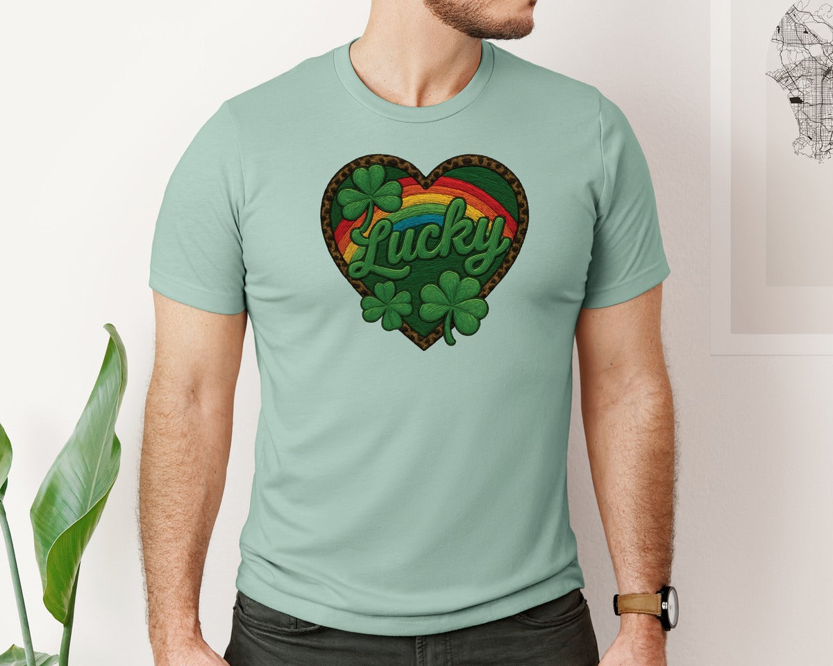 brand:Bella Canvas|color:Dusty Blue|Lucky Heart With Leopard Graphic T-Shirt