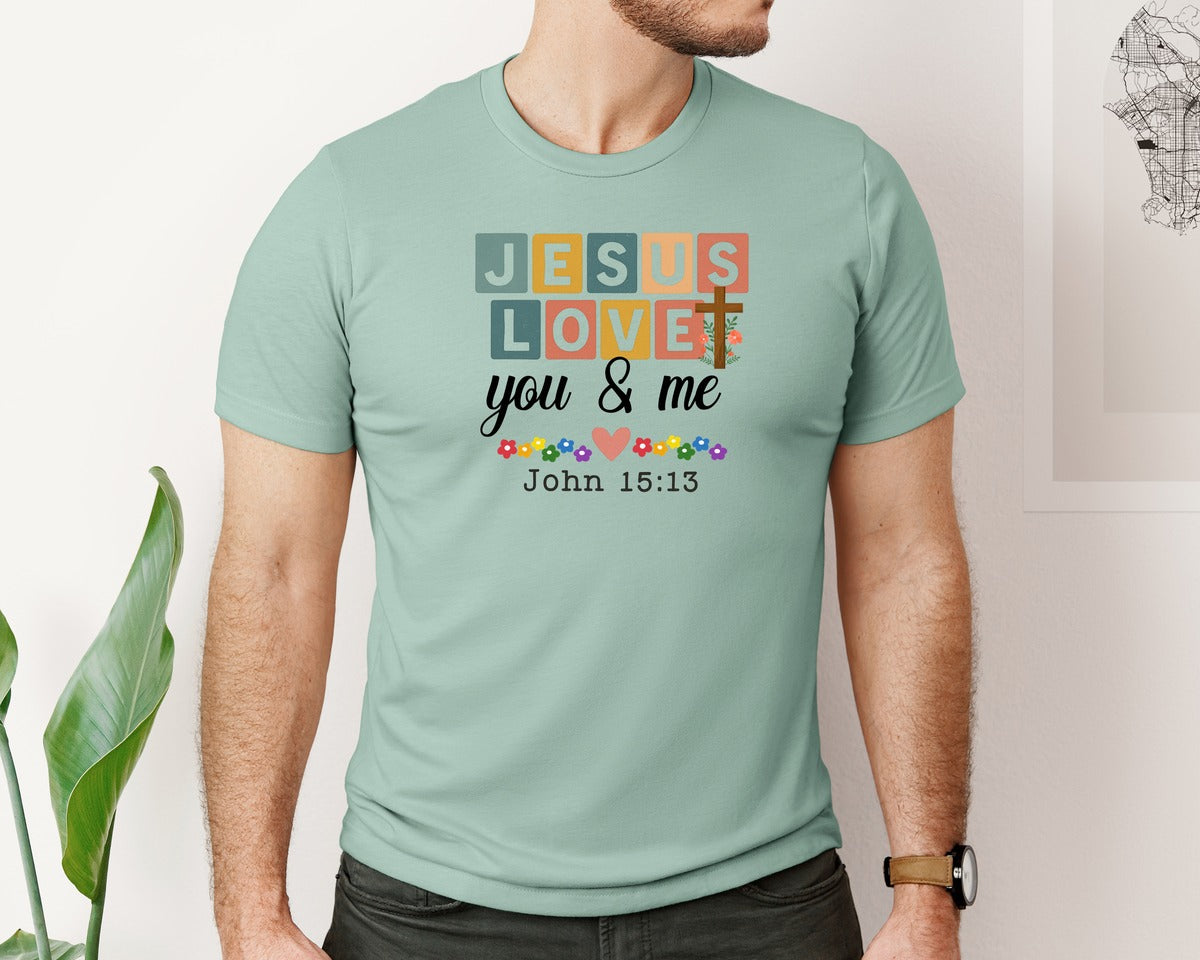 brand:Bella Canvas|color:Dusty Blue|Jesus Loves You And Me Boho Christ Graphic T-Shirt