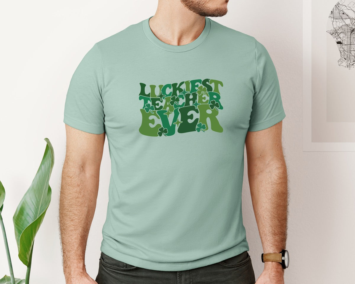 brand:Bella Canvas|color:Dusty Blue|Retro Lucky Teacher St Patricks Day Graphic T-Shirt