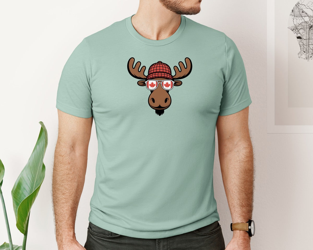 brand:Bella Canvas|color:Dusty Blue|Canadian Moose Maple Leaf Flag Sunglas Graphic T-Shirt