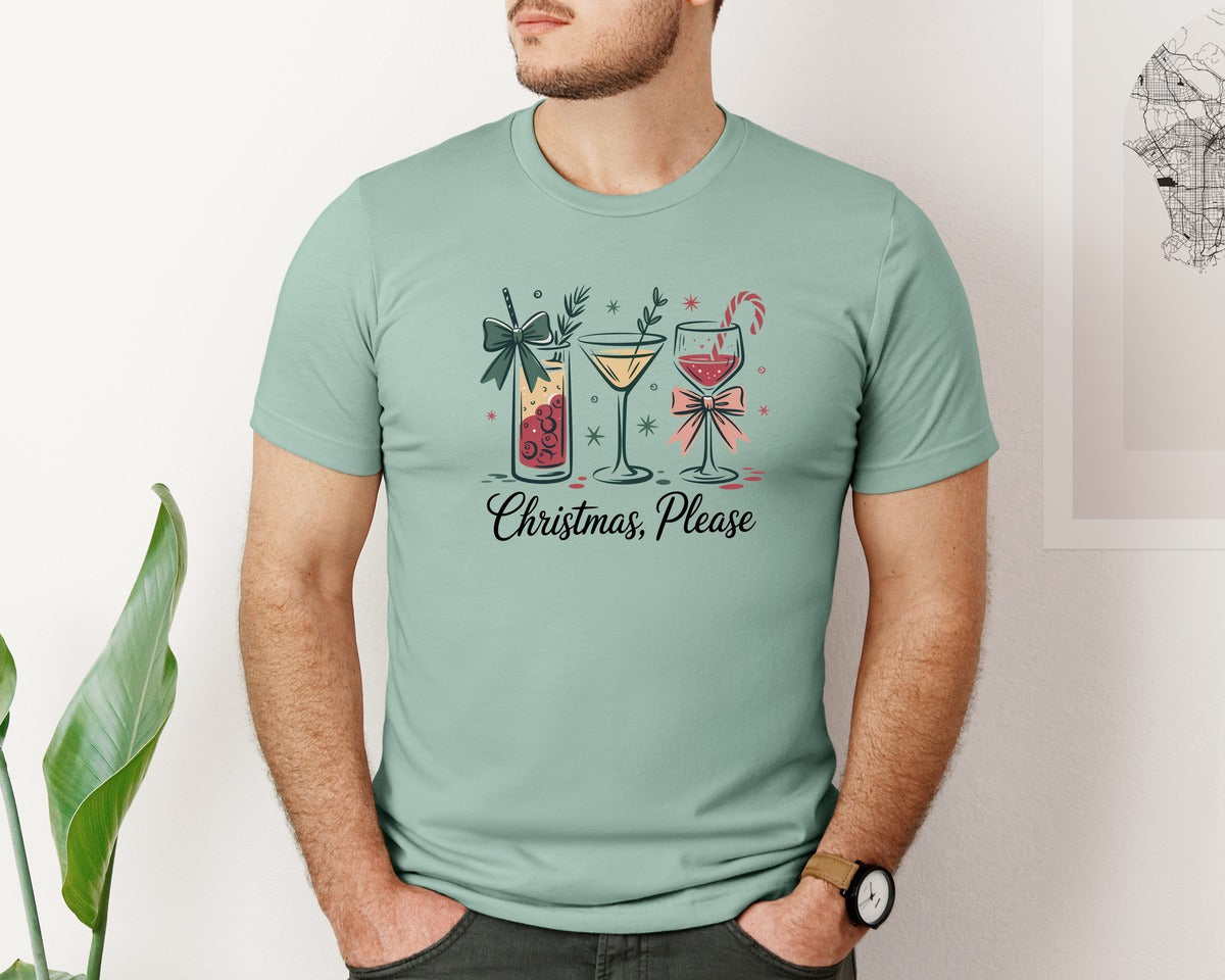brand:Bella Canvas|color:Dusty Blue|Christmas Please Retro Festive Graphic T-Shirt