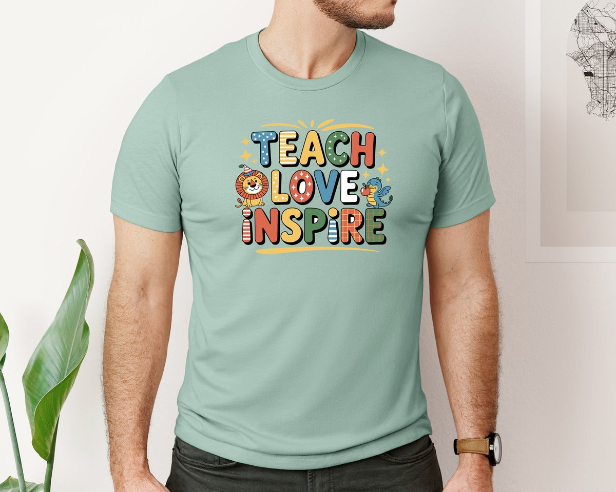 brand:Bella Canvas|color:Dusty Blue|Back To School Teach Love Inspire Tshirt Graphic T-Shirt