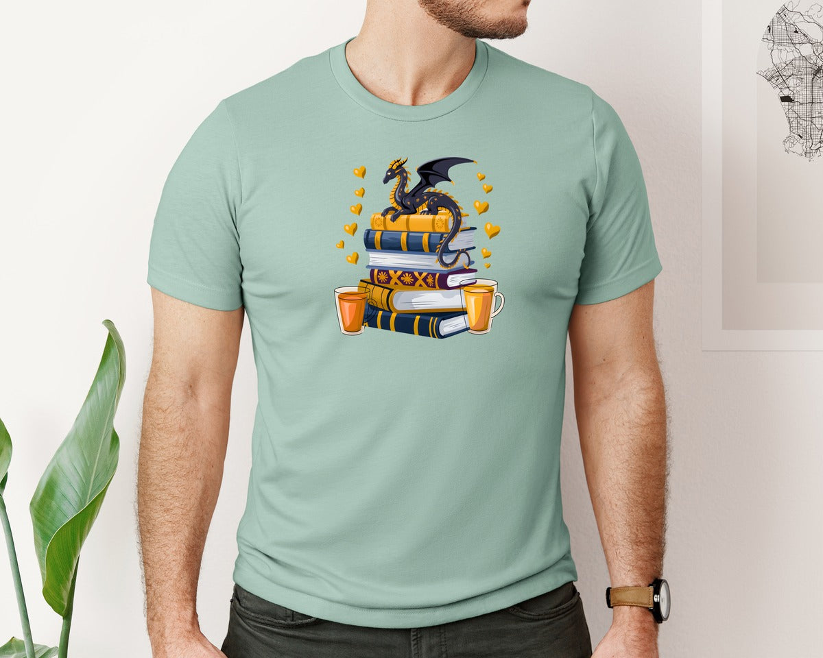 brand:Bella Canvas|color:Dusty Blue|Starry Dragon Book Stack Graphic T-Shirt