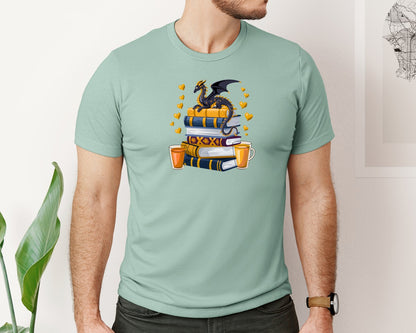brand:Bella Canvas|color:Dusty Blue|Starry Dragon Book Stack Graphic T-Shirt