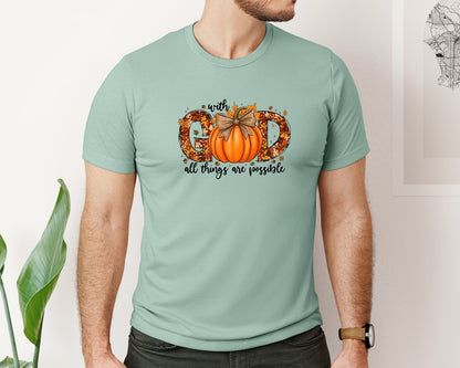 brand:Bella Canvas|color:Dusty Blue|Christian Fall Pumpkin Bow Design Graphic T-Shirt