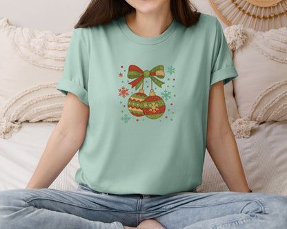 brand:Bella Canvas|color:Dusty Blue|Patchwork Christmas Bow Cherries Graphic T-Shirt