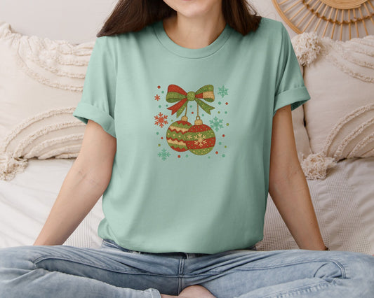 Patchwork Christmas Bow Cherries Graphic T-Shirt