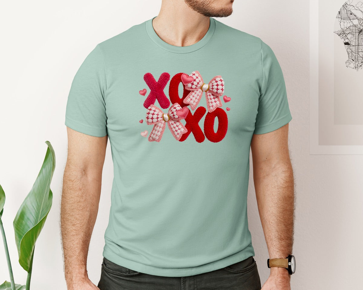 brand:Bella Canvas|color:Dusty Blue|Valentine Xoxo Faux Yarn Graphic T-Shirt