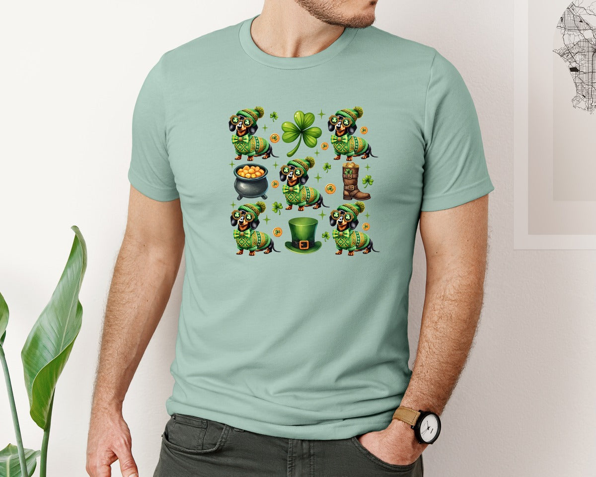 brand:Bella Canvas|color:Dusty Blue|St Patrick Dachshund Graphic T-Shirt