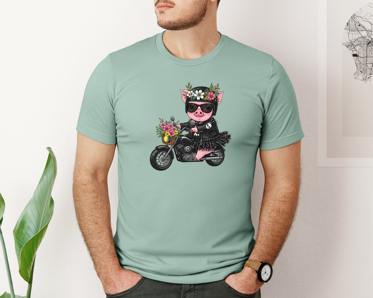 brand:Bella Canvas|color:Dusty Blue|Biker Piggy Cute Motorcycle Graphic T-Shirt