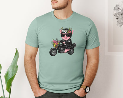 brand:Bella Canvas|color:Dusty Blue|Biker Piggy Cute Motorcycle Graphic T-Shirt