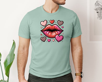 brand:Bella Canvas|color:Dusty Blue|Cute Valentine Lips Pink Hearts Graphic T-Shirt
