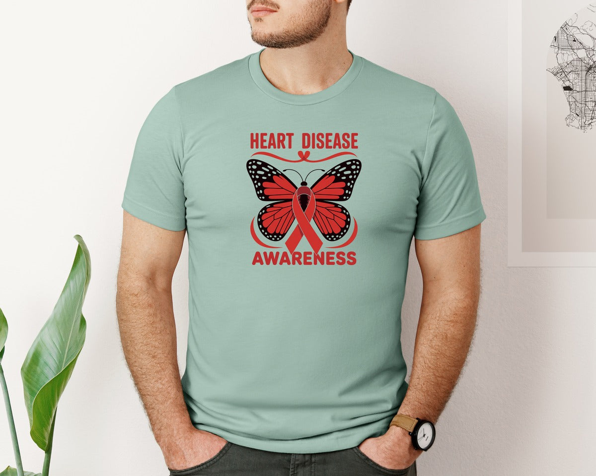 brand:Bella Canvas|color:Dusty Blue|Heart Disease Butterfly Ribbon Graphic T-Shirt