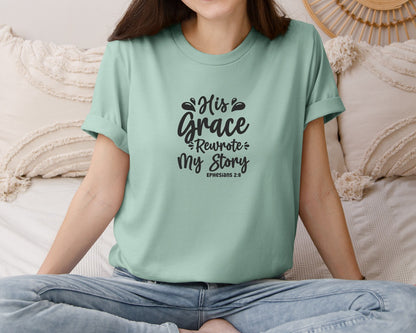 brand:Bella Canvas|color:Dusty Blue|His Grace Rewrites My Story Graphic T-Shirt